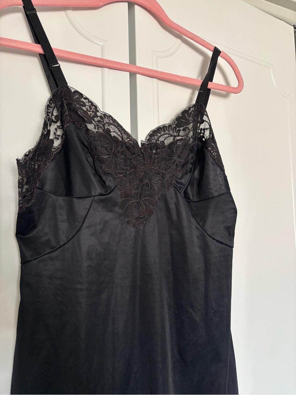 Vintage Sears Black Satin Slip with Floral Lace Trim